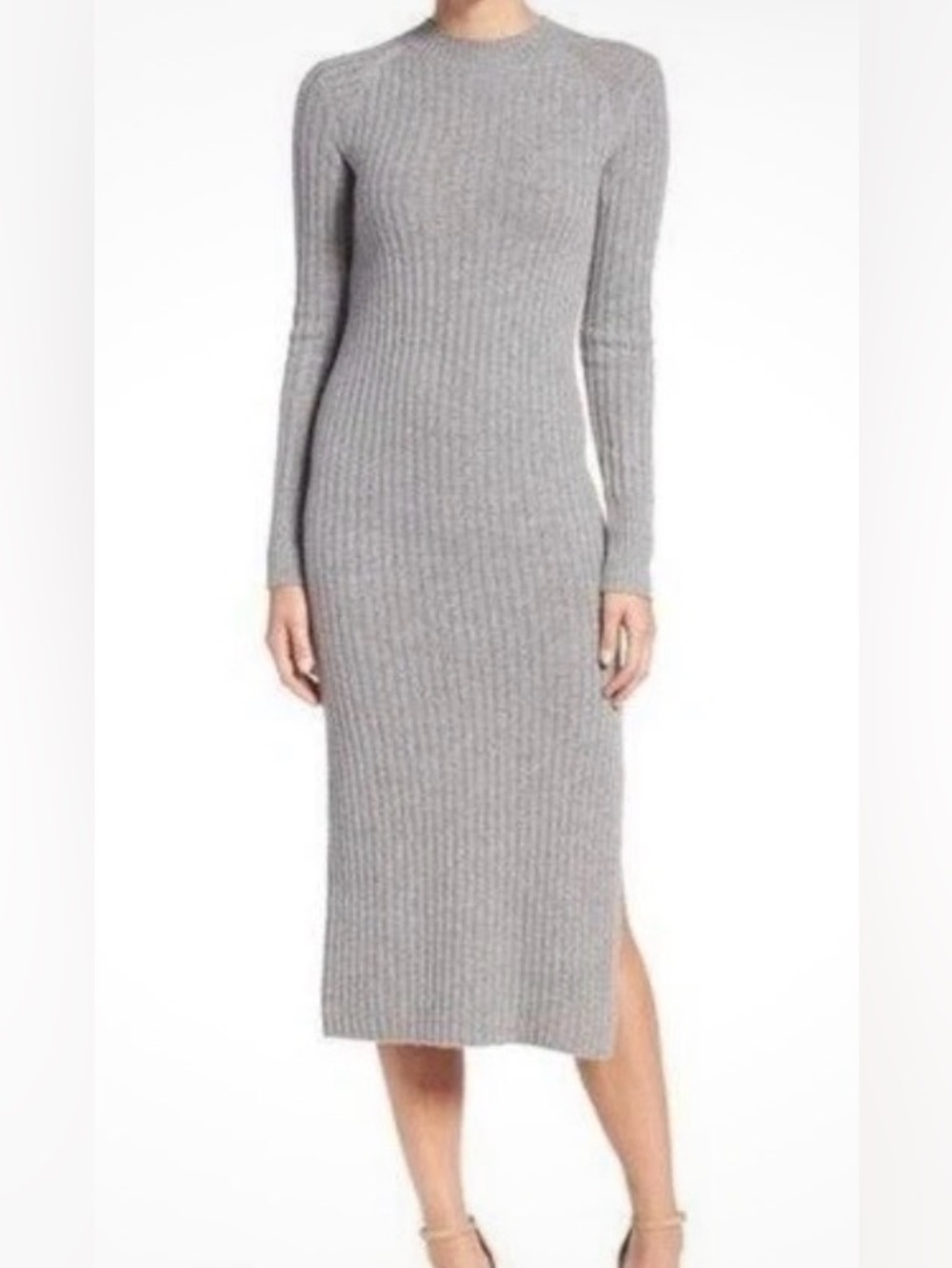 Ag Adriano Goldschmied Grey Ribbed Long Sleeve Cashmere-blend Sweater Midi Dress